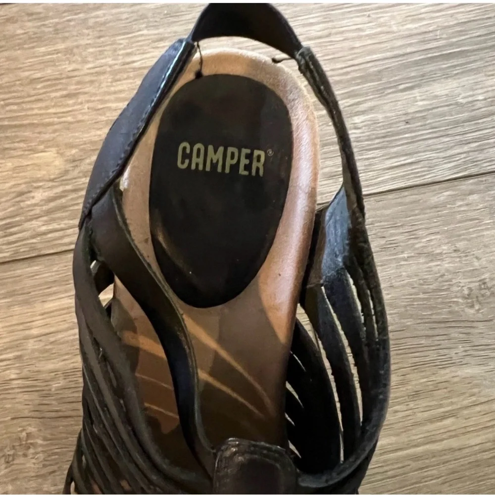 Camper Rachel Leather Wedge Sandals Black EU 38
